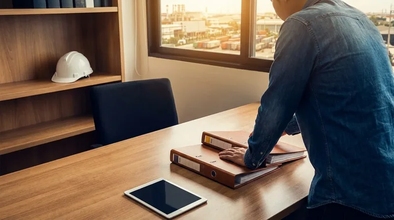 Owner reviewing payroll binders at a desk with a hard hat on the shelf, New Jersey Minimum Wage 2026 and 2027