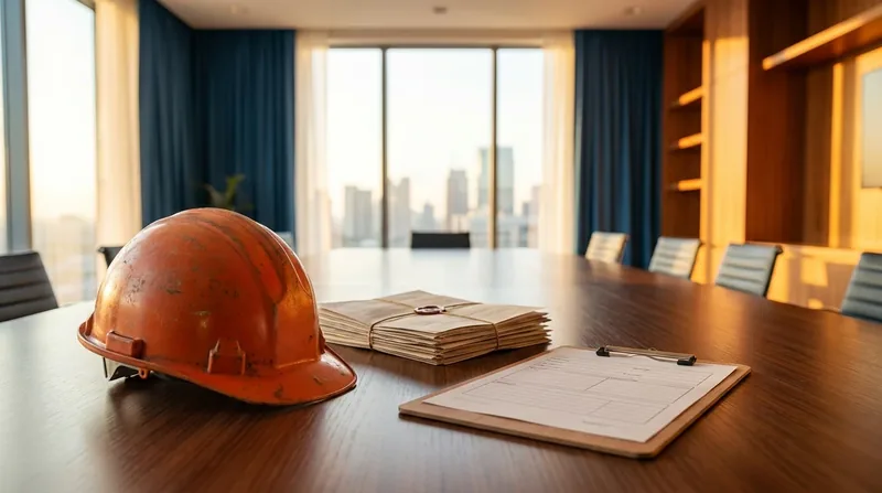 Hard hat, policy papers and a clipboard on a conference table, New Jersey Workers' Compensation