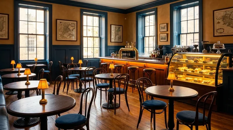 Warm cafe interior with bistro tables and a pastry case, How to Open a Restaurant in New Jersey