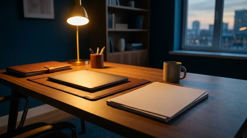 Business formation folders and a closed laptop on a lamp-lit desk, New Jersey Annual Report