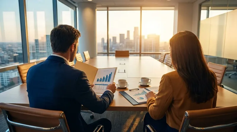 Two advisors reviewing growth charts at a bright conference table, Selling to the State of New Jersey