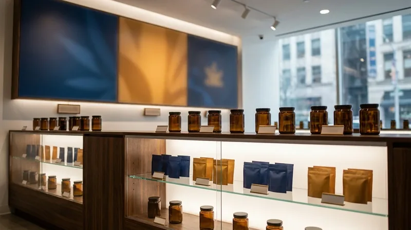 Minimal retail shelf of jars and pouches under gallery lighting, Selling Hemp, CBD and THC Drinks in New Jersey in 2026
