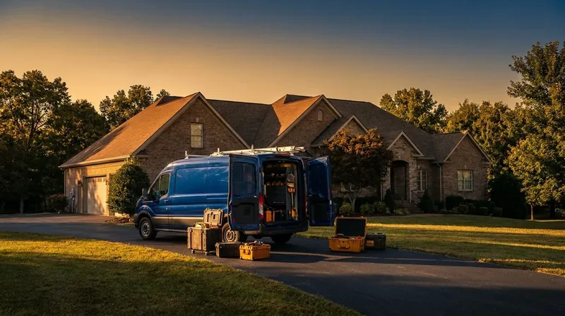 Service van with equipment unloaded in the driveway of a brick house at sunset, How to Become a Home Inspector in New Jersey