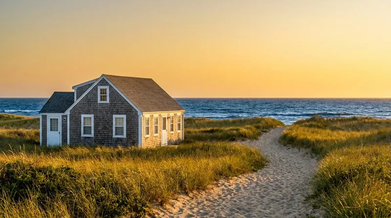 Shingled beach cottage with white trim beside a sandy path through dune grass, Atlantic City Short-Term Rental License