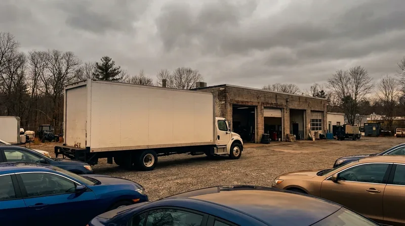 Box truck and parked cars outside a small service garage under a grey sky, How to Open a Driving School in New Jersey